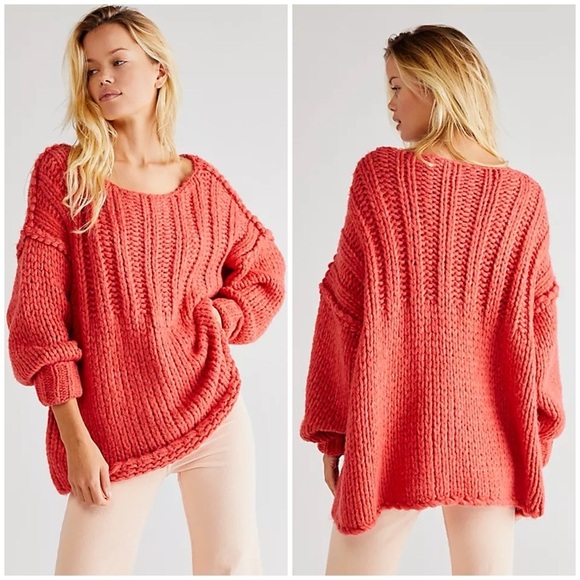 Free People Be There Chunky Knit Pullover in Coral Size XS - Picture 1 of 11